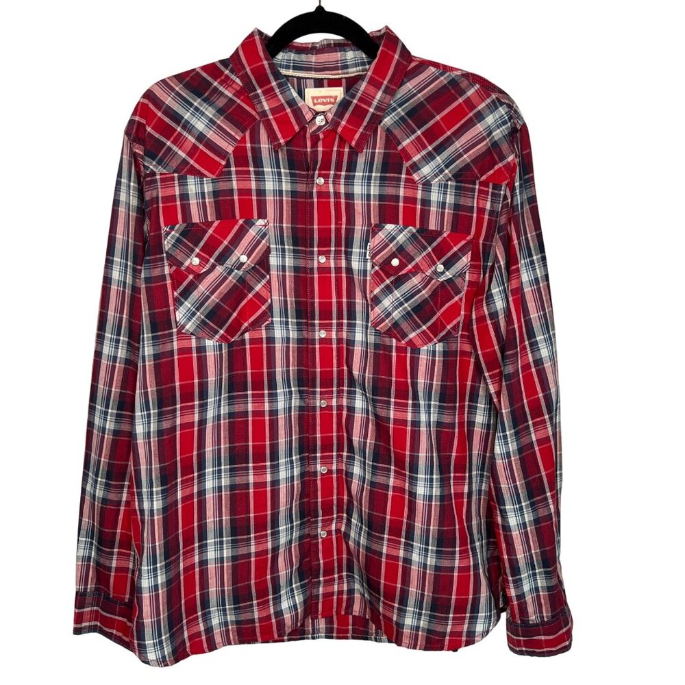Levis Modern Mens Red Blue Plaid Western Shirt Pearl Snap LARGE Long Sleeve